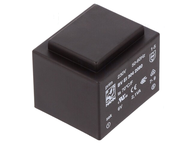 Transformator: ingegoten; 2,1VA; 230VAC; 6V; 350mA; PCB; BVEI Transformator: ingegoten; 2,1VA; 230VAC; 6V; 350mA; PCB; BVEI
